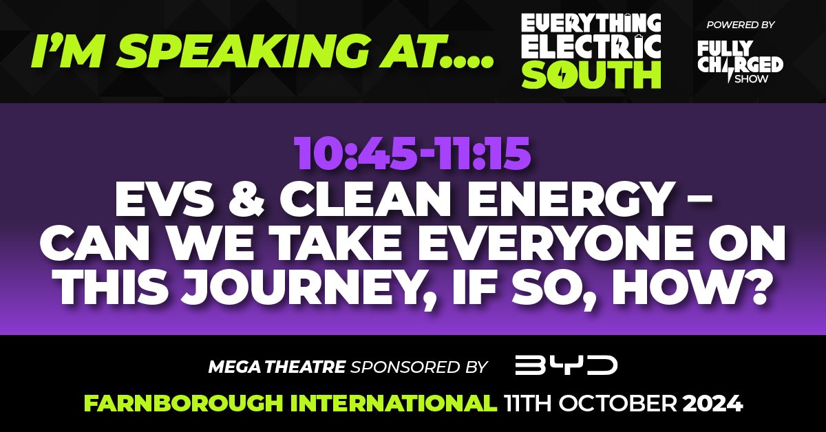 Excited to be speaking at Everything Electric South on, 11th-13th Oct. I'm on 2 panels: "EVs &amp; Clean Energy - can we take everyone on this journey, if so, how?" on Fri, and "Energy Efficiency &amp; all that - cheaper, easier energy hacks discussed" on Sat.  uk.everythingelectric.show/south/