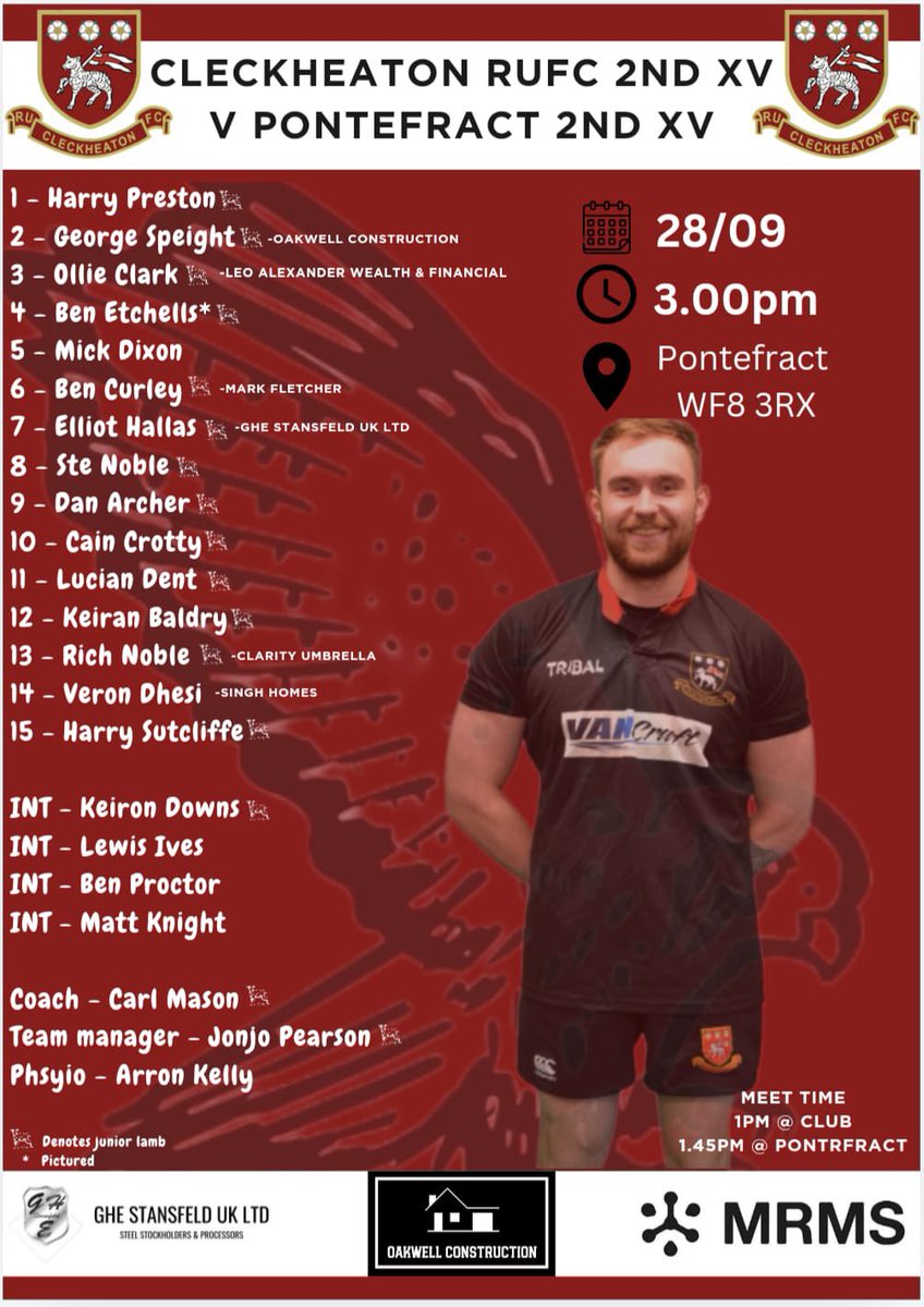 🏉Team News!!🏉

We go again!

1sts home 🆚 <a href="/BlaydonRFC/">Blaydon RFC</a> 
📆Sat 28th Sep
⏰ 3.00pm KO
📍 Moorend, Bradford Road, Cleckheaton, BD19 3UD

Kestrels away 🆚 <a href="/PontefractRUFC/">Pontefract RUFC</a> 2nds
📆Sat 28th Sep 
⏰ 3.00pm KO
📍 WF8 3RX

#upthelambs
🐑🐑 🔴⚪️🔴⚪️🔴⚪️🔴🐑🐑