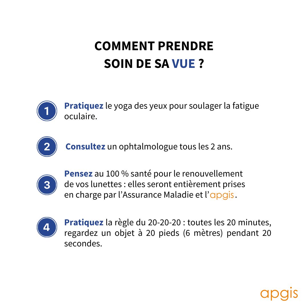 Saviez-vous que près de 2,7 milliards de personnes dans le monde souffrent de problèmes de vision, dont une grande partie pourrait être évitée grâce à des soins adéquats ? Découvrez nos conseils pour préserver votre santé visuelle ! 👀

#SantéVisuelle #Apgis