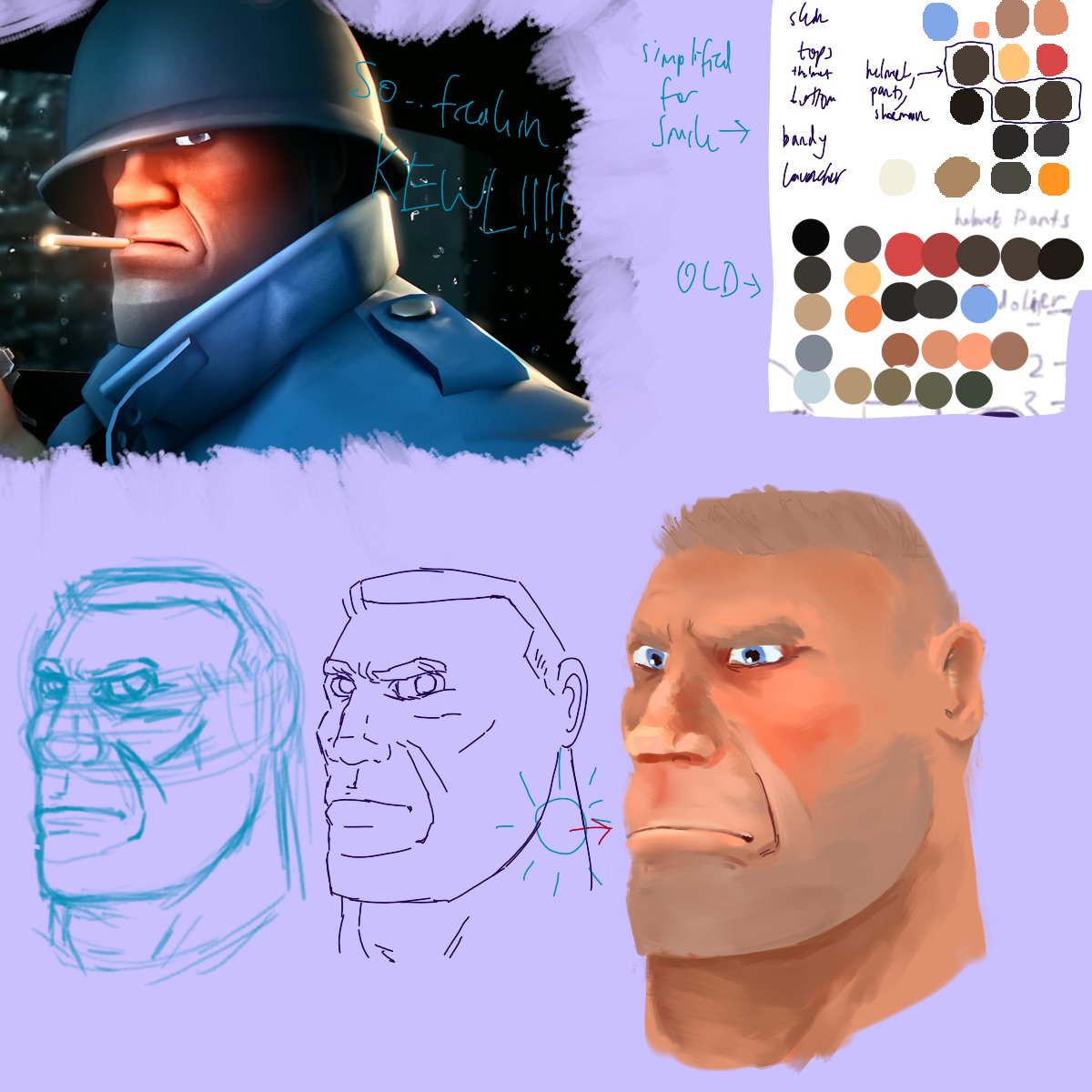 MACKYBOY41's tweet photo. [OLD] Solly study 01/07/24
I can see what went wrong and I could revise it, but I can't be arsed right now. Top left is from Emesis Blue, so.. not mine. 
#emesisblue #soldiertf2 #tf2soldier #tf2 #teamfortress2 #study #studypractice #lineless #linelessart  #sketch #portrait #krita https://t.co/QHTkIOyyiV