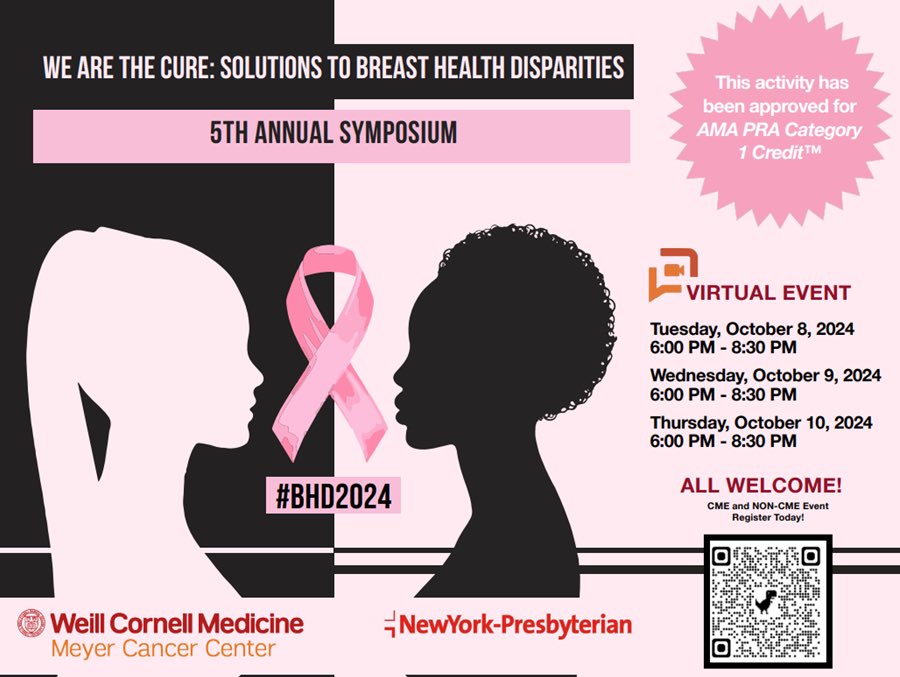 📢 Mark your calendars! Our 5th Annual Breast Health Disparities Symposium is happening soon! 🗓️ Join us for a 3-day virtual FREE event packed with expert speakers, discussions, and valuable insights.

#breastdisparities <a href="/WeillCornell/">Weill Cornell Medicine</a> #WeAreTheCure