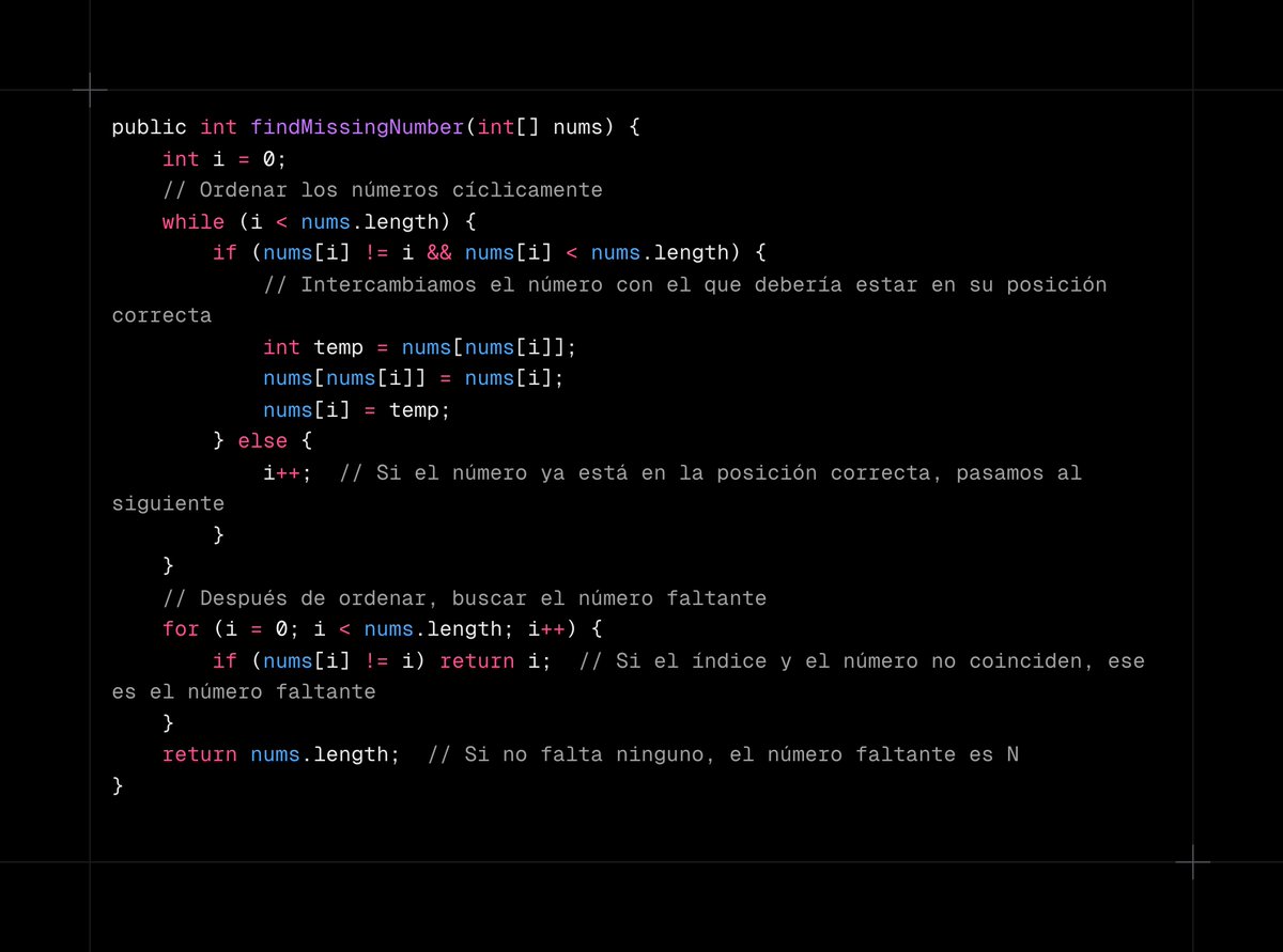 badrmind's tweet photo. 5. Patrón de Ordenamiento Cíclico (Cyclic Sort Pattern)

Este patrón te va a ayuda a ordenar números que están en un rango específico, por ejemplo, cuando tienes un conjunto de números del 1 al N, pero están desordenados. La idea es colocar cada número en la posición que le corresponde dentro del arreglo.

*Donde N es un número aleatorio, solo es la representación*