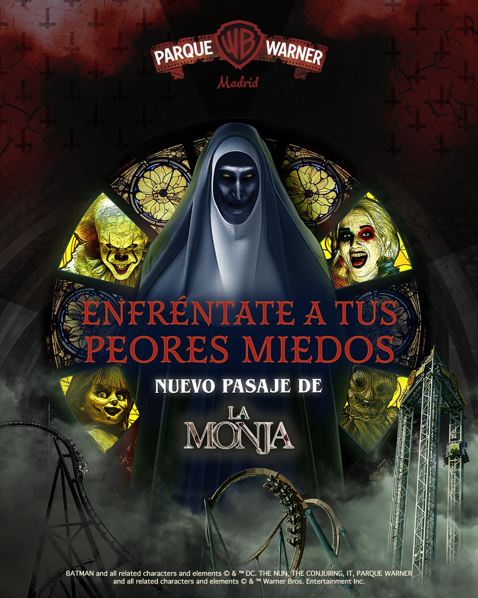 ParqueWarner's tweet photo. IT Experience, Expeidentes Warren, Crime Alley y, nuestra gran novedad, #LaMonja ✝ serán los pasajes que estarán durante el día esta temporada de #Halloween.

¿Por cuál vas a empezar? 📅😱La Monja, a partir del 5 de octubre. #ParqueWarner https://t.co/hTqzA8yMVS