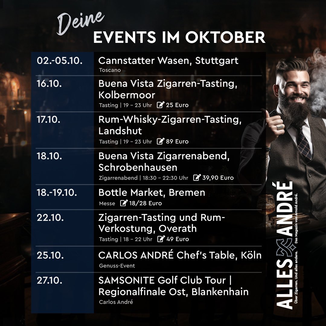 alles_andre's tweet photo. Highlights im Oktober:
➡️ Chef’s Table &amp; Golf Club Tour von CARLOS ANDRÉ
➡️ Edle Rum- und Whisky-Tastings
➡️ Vorfreude auf den Bottle Market in Bremen 
➡️ Buena Vista Incognito Tastings

Alle Details und  Anmeldungen findet ihr hier:
 https://t.co/H71rBKOs9m https://t.co/XU1R0sRE3J