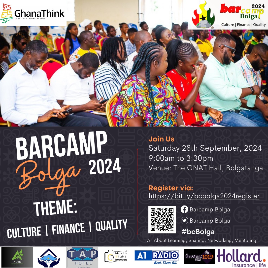 BarcampBolga's tweet image. #BarcampBolga 2024 is on September 28 @ GNAT Hall, #Bolgatanga!📷This free #networkingforum is organized by @GhanaThink.
Register: bit.ly/bcbolga2024reg…
Partners: @HollardGhana, #TAPHotel, ACID, #BlueSkyHotel, #NorthSightImages, @OfficialA1Radio, @Dreamz1019FM, #JOSeiMedia, etc