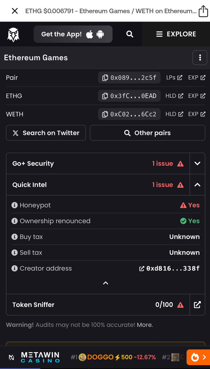 Watch out for a new honeypot scam token on eth ETHG It was airdropped to  many 0x3fc29836e84e471a053d2d9e80494a867d670ead