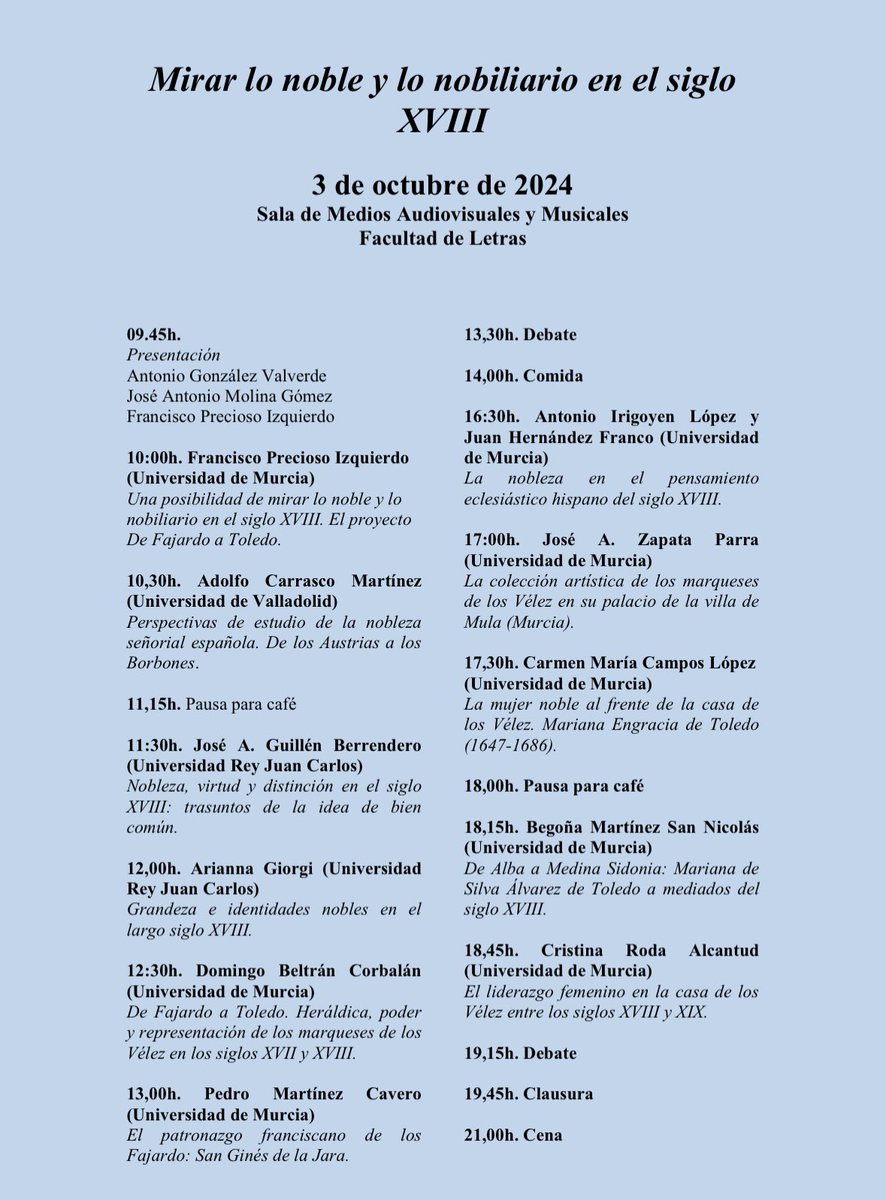 El próximo 3 de octubre tendrá lugar en la Universidad de Murcia la celebración de nuestro seminario “Mirar lo noble y lo nobiliario en el siglo XVIII”. Nos acompañarán reconocidos investigadores y especialistas en nobleza, Vélez y el siglo XVIII. ¡Os esperamos! 🙌🏻