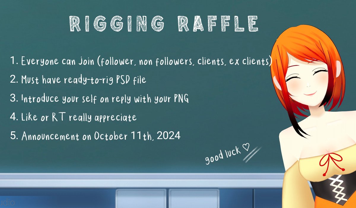 SuryaSetsuna's tweet photo. Live2D/ Vtuber Rigging Raffle

- Follow the rules (rt/like + rep)
- 1 winner
- Fullbody rig
- End: October 11th

#SURYA_2ndRaffle #VTuberUprising #VtuberID #VTuberEN #live2dcommission #riggingcommission https://t.co/eLLJDOllNh