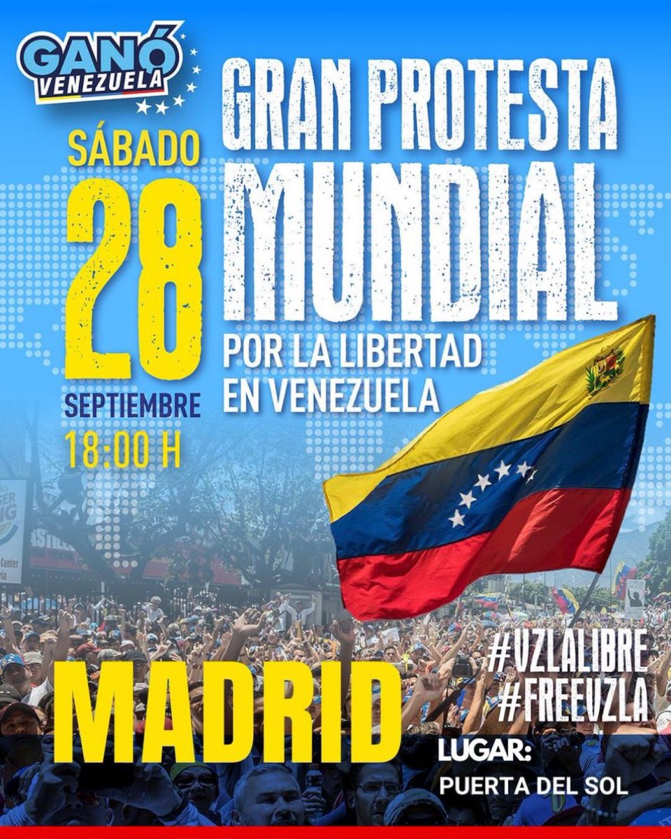 POR LA VERDAD, 
EL VOTO 
Y LA LIBERTAD.

MADRID,
Puerta del Sol. 

📆 Sábado, 28 de septiembre. 
🕛 18h.

#VzlaLibre
#FreeVzla