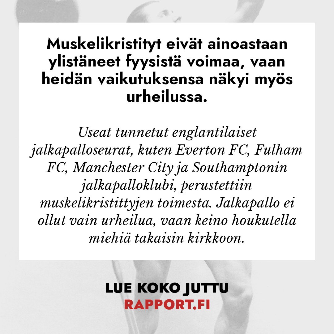 RapportFI's tweet photo. 💪 Muskelikristityjen mielestä Jumala oli luonut miehen naista voimakkaammaksi, joten miehen tehtävä oli jalostaa tuo voima ääripisteeseensä. Liikettä on kiittäminen niin koripallosta, lentopallosta kuin monista brittiläisistä jalkapalloseuroista.

👉 Perjantaitärppi on Rapportin uusi juttusarja, jossa palkittu tiedetoimittaja Jani Kaaro sukeltaa hämärään kulttuurihistoriaan.

https://t.co/boMk5dy0gi

#muskelikristitty #urheilu #historia #kristinusko