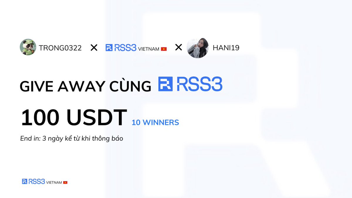 💸 [GA 100$ tiền tươi cho 10 anh em may mắn!] 💸

Cách thức tham gia:

1⃣ Follow: <a href="/rss3_/">RSS3 🟦</a> + <a href="/Trong0322/">LE HOANG TRONG 🟦</a> + <a href="/Cunn_19/">hani19</a>

2⃣ Join group:
t.me/rss3_vietnam
t.me/AIC_ANN

3⃣ Like, RT và comment ảnh hoàn thành!

🕐 Snapshot: 3 ngày kể từ ngày đăng. 

 Ni chọn random