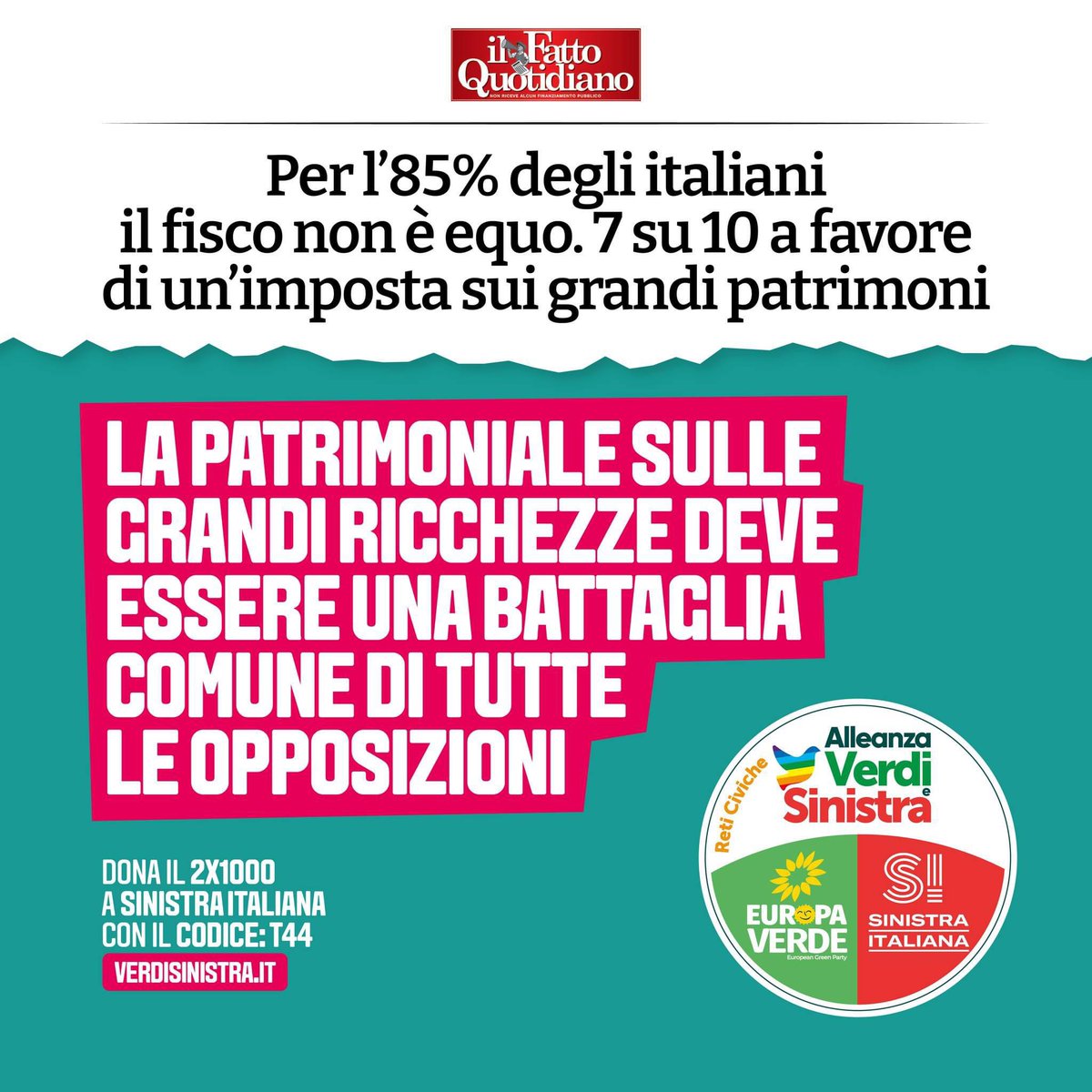7 italiani su 10 sono favorevoli a tassare di più le grandi ricchezze. È quello che #Avs sostiene da anni, siamo in sintonia con gli italiani.
È ora di farne una battaglia comune della coalizione alternativa alla destra 
#patrimoniale