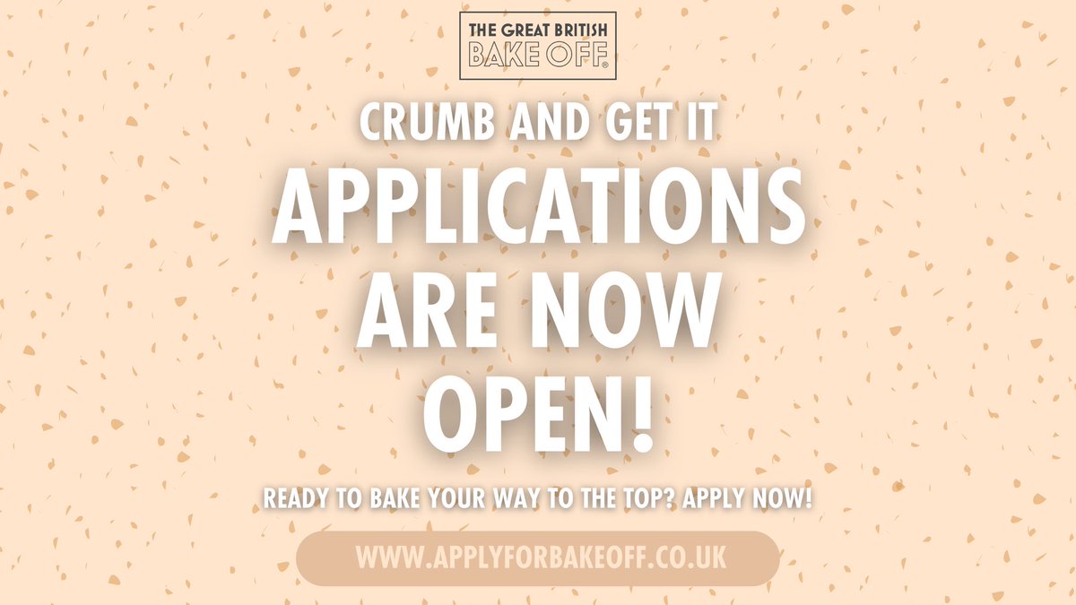 🚨APPLICATIONS OPEN🚨

Apply for Series 16 of The Great British Bake Off NOW 🧁 🇬🇧 

🔗Link in the bio 
🗓️ Deadline: Monday 9th December

#GBBO #ApplyNow #baker #homebaker #amateurbaker