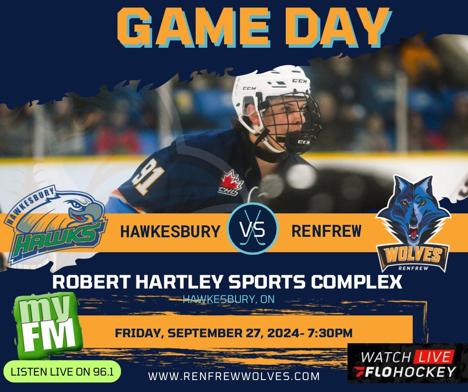 RenfrewWolves's tweet image. **🚨 GAME DAY! 🚨**

The Renfrew Wolves take on the Hawkesbury Hawks tonight at 7:30 PM! 🏒🐺

📍 Robert Hartley Sports Complex, Hawkesbury  
🎧 Listen live on 96.1 myFM  
💻 Stream on FloHockey  

Let’s hear you loud, Wolves fans! 🔊💙🧡 #RenfrewWolves #GameDay #WolvesVsHawks
