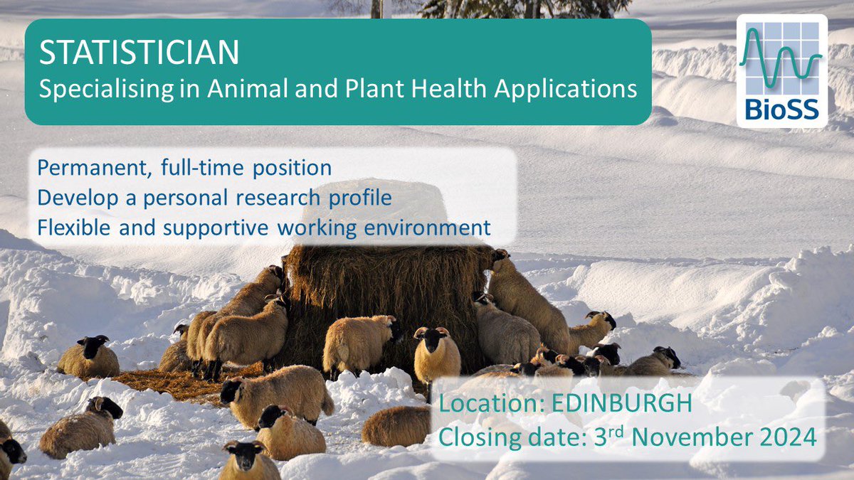 🚨NEW VACANCY!🚨

We are recruiting for a Statistician specialising  in Animal and Plant Health Applications.

This is a permanent, full-time position, based in Edinburgh.

📅Deadline: 3 November
👉More info: bioss.ac.uk/vacancies/stat…

#statistics #statsjobs #Edinburghjobs
