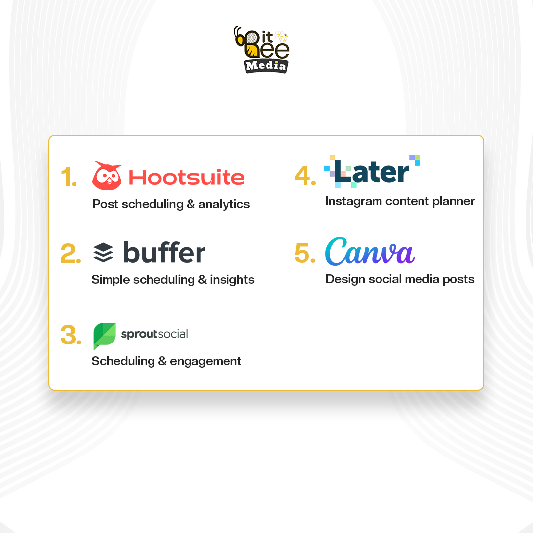 MediaBitbe77897's tweet image. Boost your social media with these 5 essentials: Hootsuite, Buffer, Sprout Social, Later, and Canva. 🚀 #SocialMediaTools #DigitalMarketing #bitbee #marketing