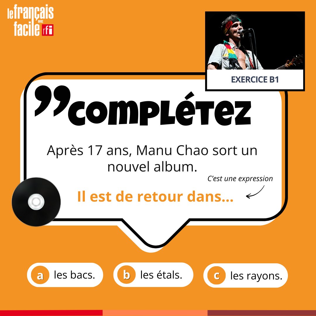 [Exercice] APPRENDRE LE FRANÇAIS – B1
À partir d'un extrait du Journal en français facile, travaillez le vocabulaire de la musique et la grammaire avec les indicateurs de temps.
📍 Exercice en ligne 👉 rfi.my/AzjC