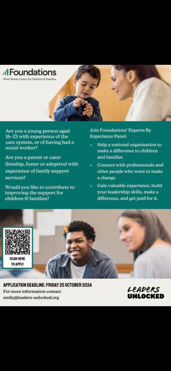 📢 PAID OPPORTUNITY ALERT: Do you have experience of the care system and want to make positive change? Join the Foundations Experts by Experience Panel. Drop us a message for more info. Application deadline: 25th October 📢