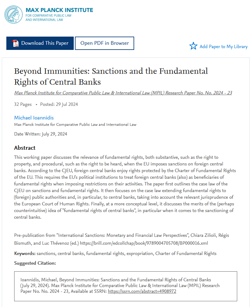 MPILheidelberg's tweet image. In #Mpil Research Paper Series Nr 2024-23 @mic_ion discusses the merits of the idea of "#fundamentalrights of #centralbanks"
#sanctions
👉is.gd/JLsSdn