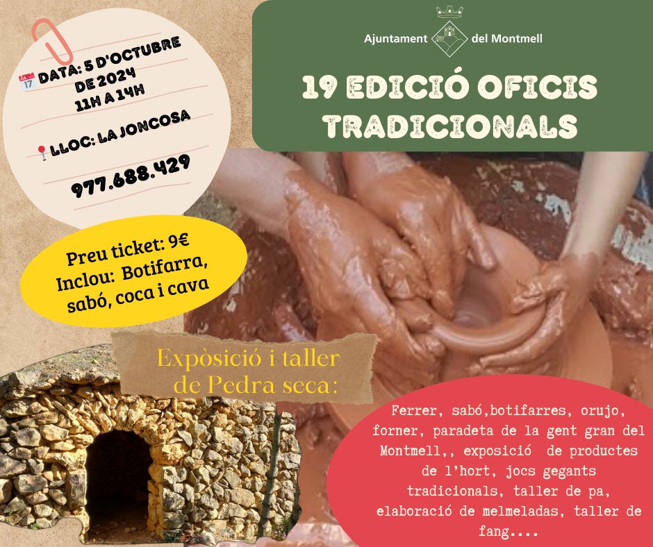 FIRA DELS OFICIS TRADICIONALS | 5 d'octubre 2024
Com cada any al nostre municipi a l'octubre se celebra la Fira dels Oficis (mostra d'oficis tradicionals). 
+INFO: ajuntament.noho.st/blog/2024/09/2…