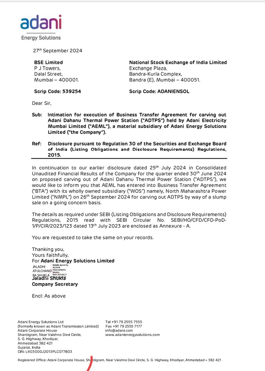 RAMJEET85's tweet photo. #Adani Energy Solutions 
 
Company signs business transfer agreement (#BTA) with arm North Maharashtra Power Limited  (#NMPL) to carve out Adani Dahanu Thermal Power Station

#stockmarketsindia 
#StockToWatch 
#Multibagger 
#AdaniEnergy https://t.co/Z779FizzCi
