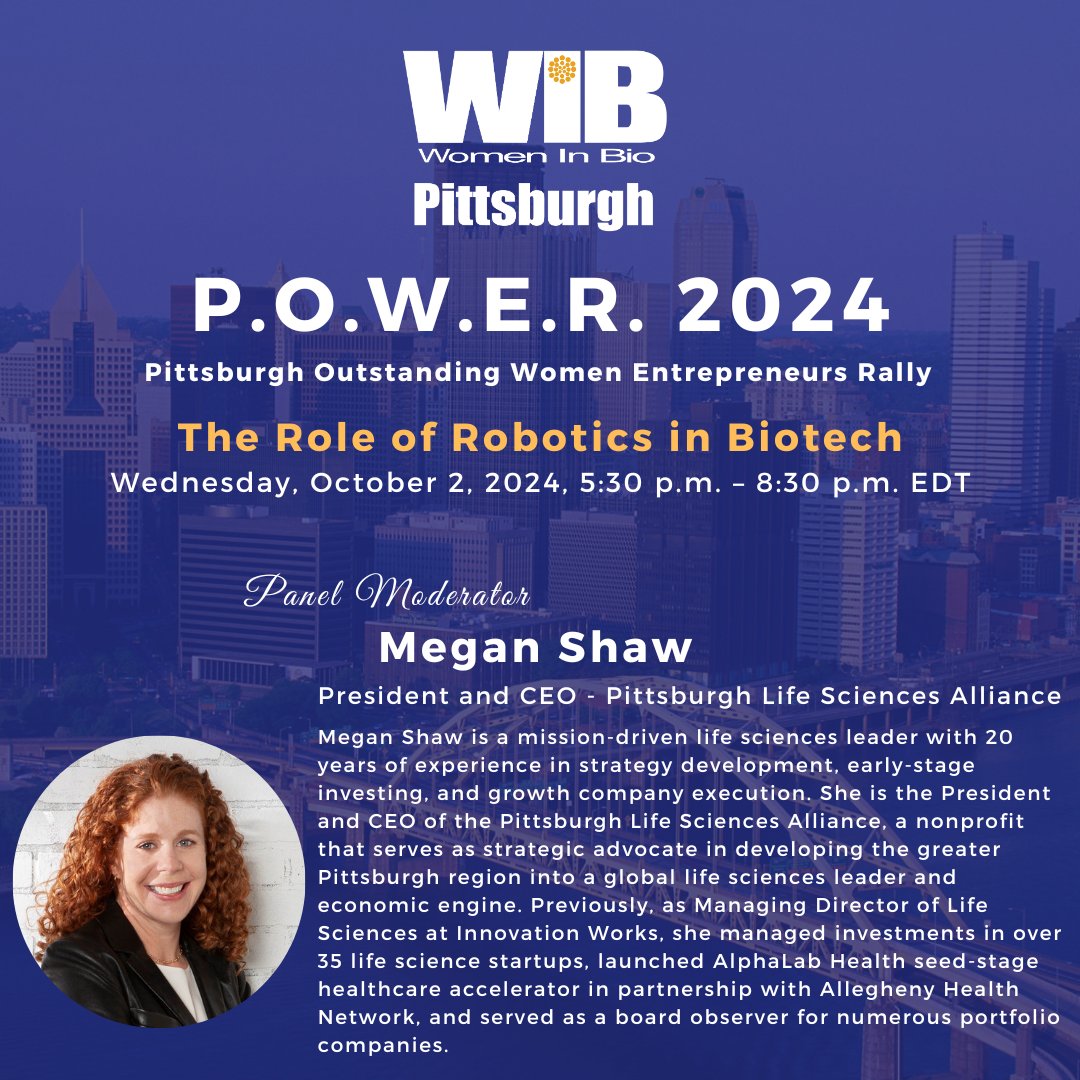 Meet the moderator for P.O.W.E.R. 2024 - Robotics in Biotech, Megan Shaw, President and CEO of the Pittsburgh Life Sciences Alliance. Join us on Oct. 2 at Alloy 26 - seats are filling fast, register today! community.womeninbio.org/event/pittsbur…