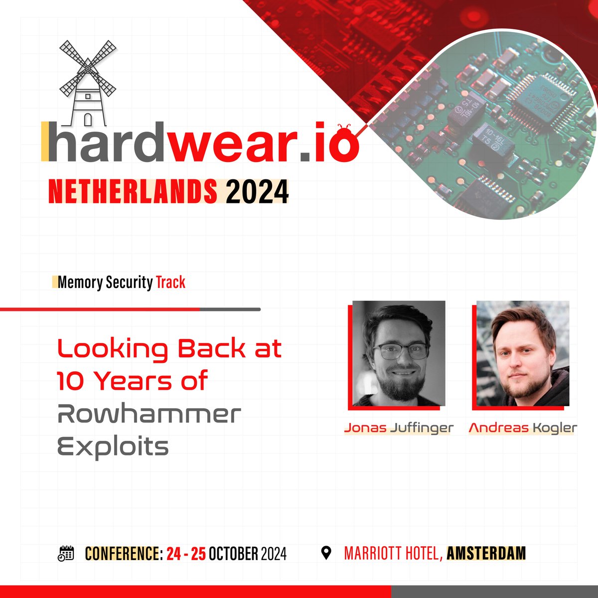 Andreas Kogler (@0xhilbert) on Twitter photo Do you like Rowhammer exploits? Come visit <a href="/notimaginary_/">Jonas - j²</a> and me at this year's #hw_ioNL2024.
In our talk, we'll look back at 10 years of Rowhammer exploitation and the techniques that have evolved over this period. 🔨
More details: hardwear.io/netherlands-20…
See you there! Do you like Rowhammer exploits? Come visit <a href="/notimaginary_/">Jonas - j²</a> and me at this year's #hw_ioNL2024.
In our talk, we'll look back at 10 years of Rowhammer exploitation and the techniques that have evolved over this period. 🔨
More details: hardwear.io/netherlands-20…
See you there!