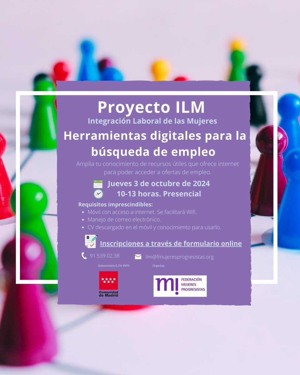 Desde el Programa #ILM, vamos a realizar un taller de #herramientasdigitales para la búsqueda de empleo por internet. 

¡Aprovecha esta oportunidad!

📅Jueves 3 de octubre de 10 a 13h.
☕Al finalizar os invitamos a un pequeño desayuno
👉 Inscripciones: forms.office.com/e/fCqWS3hsE8