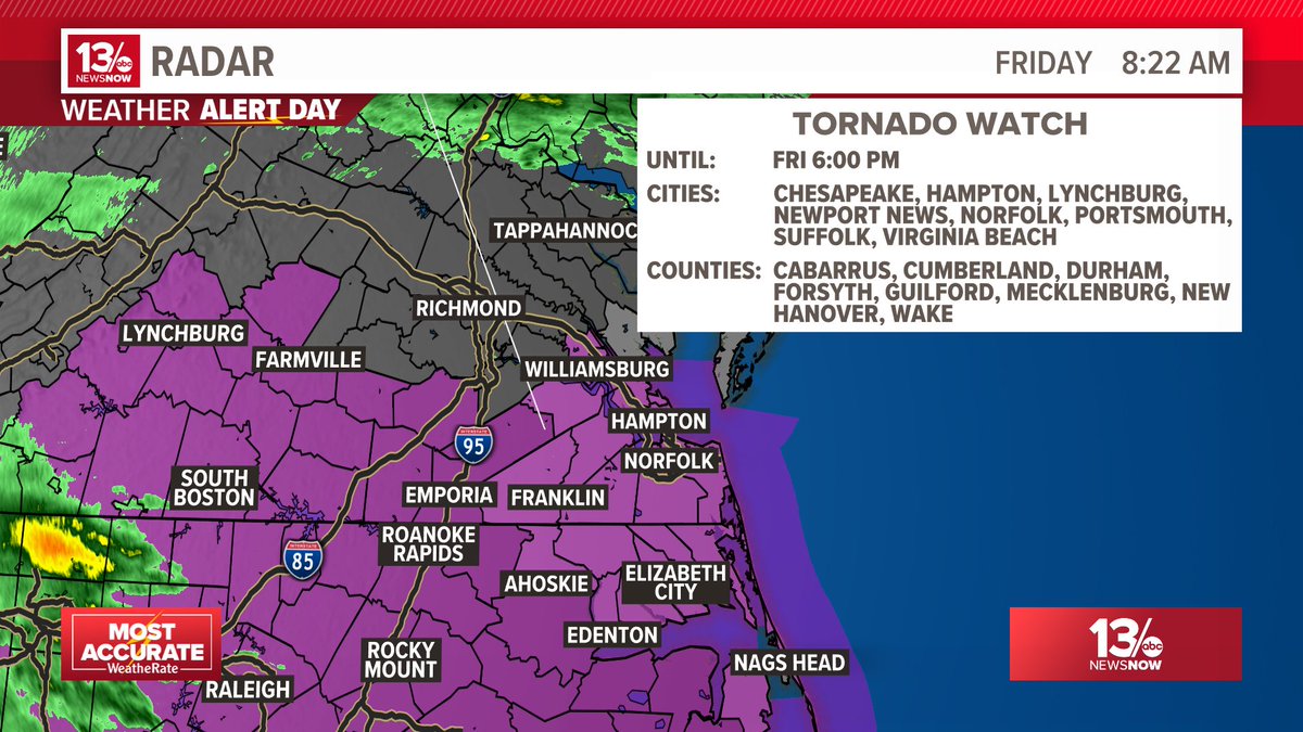 A Tornado Watch has been issued for the Peninsula, Southside Hampton Roads, and North Carolina until 6pm Friday. The best chances for possible severe storms is this afternoon. Stay tuned to #13NewsNow and our #WeatherAlertDay coverage from #13Weather