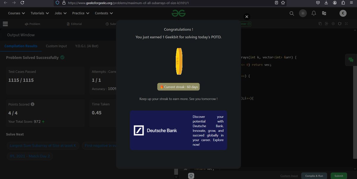 codewithme208's tweet image. It’s Day 17 of our coding journey! 🚀 Embrace the grind and let’s tackle today’s Problem of the Day. Every challenge brings us closer to mastery!  @geeksforgeeks @DeutscheBank #GeekStreak2024 #GeeksforGeeks #DeutscheBank