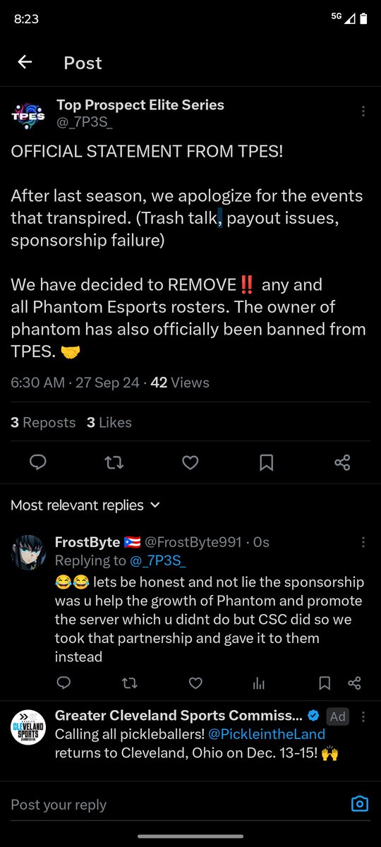 To discuss the situation, we werent removed. We pulled out of the sponsorship since the agreement wasnt met and on a one sided deal, and decided to offer the sponsorship to CSC who did more then what TPES did in one month