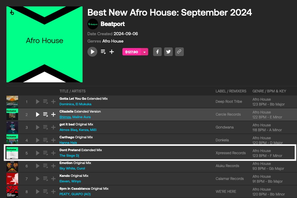 Super excited to announce that The Siege DJ is featured on the <a href="/beatport/">Beatport</a> Afro House banner and has climbed to no. 5 on the Best New Afro House Editorial Playlist ! 

Link : xpressedrecords.fanlink.tv/dont_pretend

Check it out and vibe with us ! 🔥✨