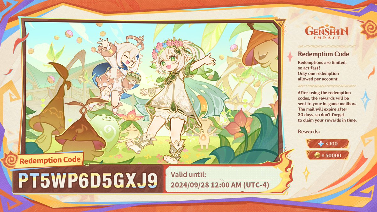 Special Program Redemption Codes 
#GenshinImpact #GenshinImpact5ꓸ1

Travelers, here are the redemption codes for this Special Program!
Primogems ×100 + Mystic Enhancement Ore ×10 "XSME6NV4GX2Z"
Primogems ×100 + Hero's Wit ×5 "KALF66CLGXKM"
Primogems ×100 + Mora ×50,000