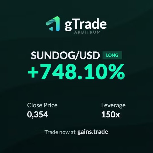 ☀️ Rise and shine

📈 This trader closed his $SUNDOG trade with 748% positive PnL — with 150x leverage!

Trade $SUNDOG on gTrade and join the Trading Contest with 30,000 SUNDOG in prizes 🏆

Now at gains.trade/?utm_source=tw…