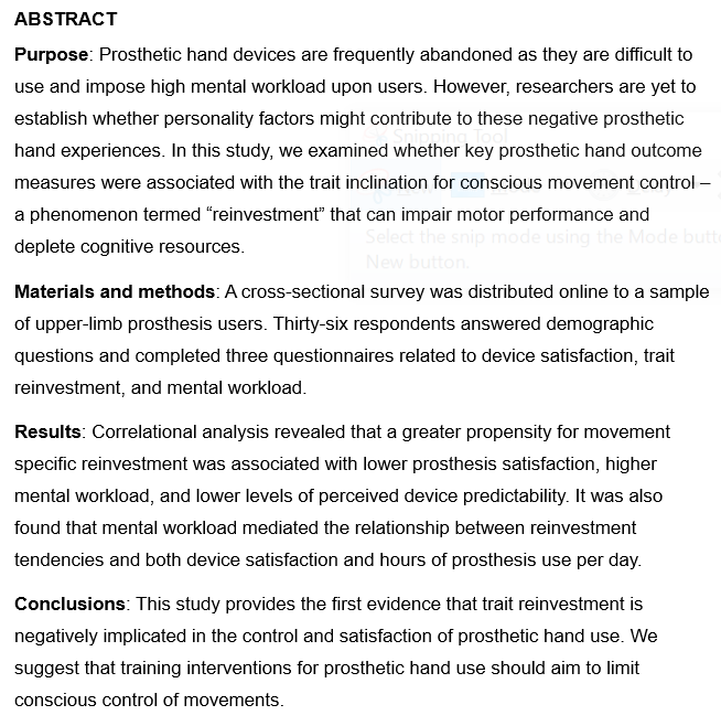 How do personality factors affect prosthetic hand experiences, use, and control? 

Latest study from my PhD now available as a preprint doi.org/10.31234/osf.i…. Here we show that high inclination to conscious control leads to generally worse outcomes! 🦾