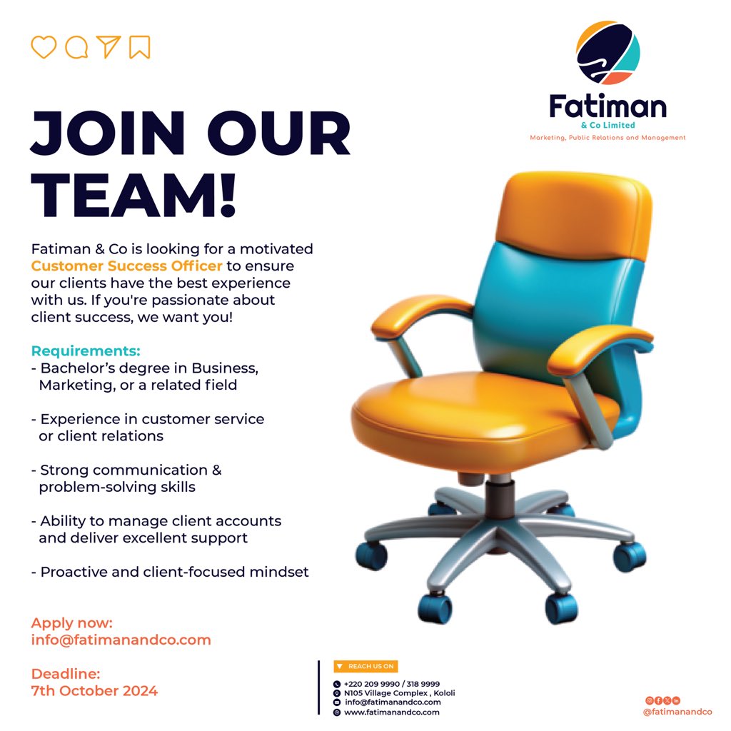 Fatiman &amp; Co is Hiring! We're looking for a Customer Success Specialist ! If you're passionate about building strong relationships and ensuring client satisfaction.
Send your resume to info@fatimanandco.com  

#Hiring #CustomerSuccess #JoinOurTeam #WeAreHiring #FatimanCo