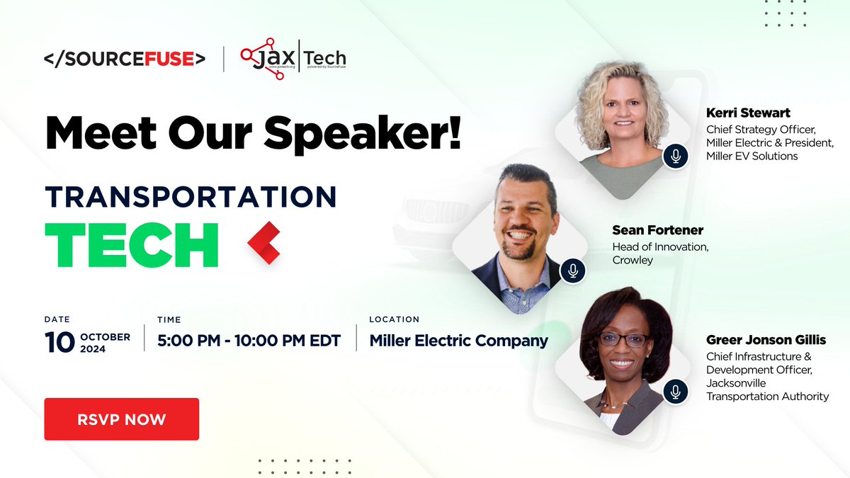 SourceFuse's tweet image. Buckle up for #TransportationTech innovation in Jax! Join us for an evening of networking, live music, food, & inspiring presentations. Catch a glimpse of EVs, AVs, and automated transportation:
hubs.ly/Q02QT7350
#EV #AV #JaxTech #Innovation