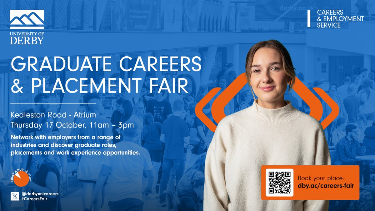 University of Derby Careers (@derbyunicareers) on Twitter photo Looking for a quieter environment to explore career options?
Join the Quiet Hour at the Graduate Career and Placement Fair from 10-11am
🔗ow.ly/kmnX50TteBl
This will provide a calmer space to network with employers. #GradJobs🤝
@derbyuni <a href="/derbyunistudent/">Derby Uni Students</a> @derbyunion Looking for a quieter environment to explore career options?
Join the Quiet Hour at the Graduate Career and Placement Fair from 10-11am
🔗ow.ly/kmnX50TteBl
This will provide a calmer space to network with employers. #GradJobs🤝
@derbyuni <a href="/derbyunistudent/">Derby Uni Students</a> @derbyunion