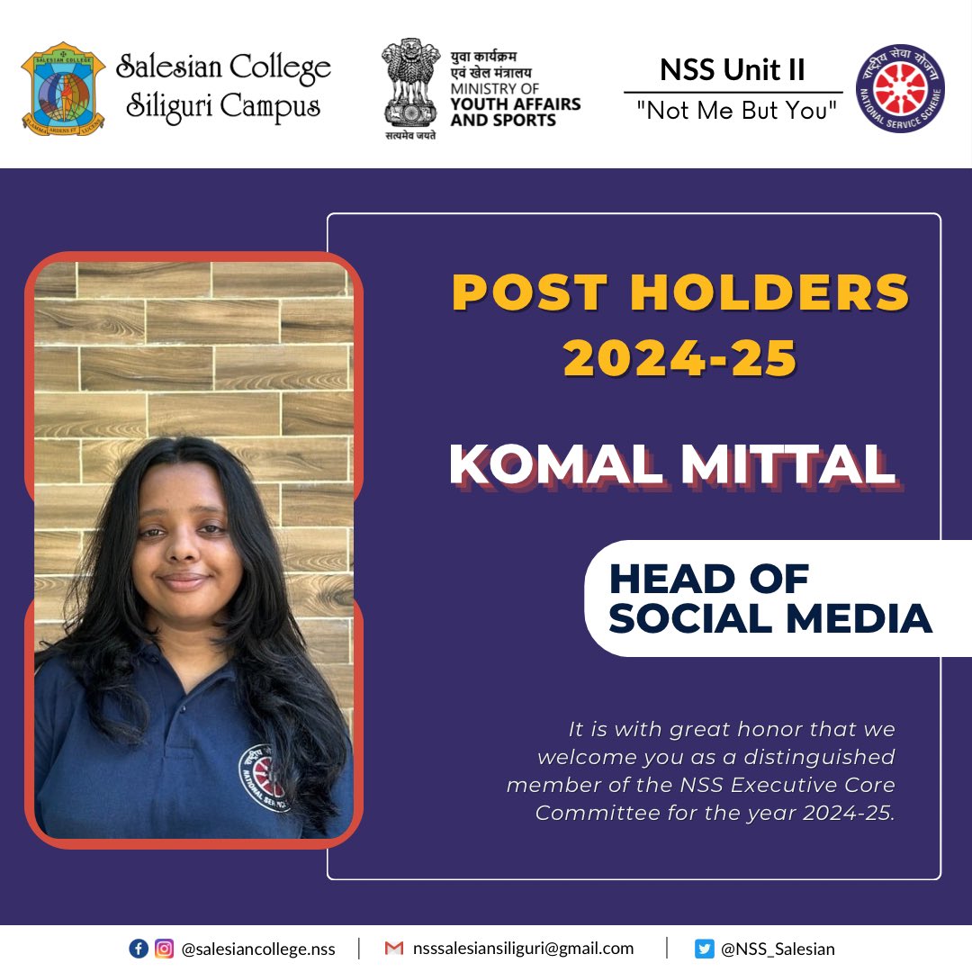 NSS_Salesian's tweet photo. The voice behind our mission! 
Komal Mittal, our Social Media Head, is here to amplify the impact of NSS through every post, story, and message. 📱💙

#nss #nssvolunteers #SpreadingService #nss2024 #salesiancollege https://t.co/7zNig6fJhi
