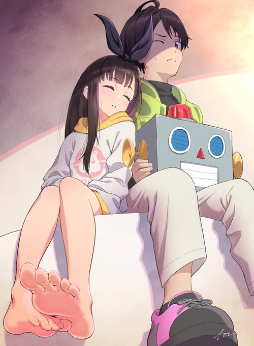 クルミ佳樹&ロボ太お兄様リボンが顔に当たってても怒らないお兄様優しい。話変わるけど、マケイン11話めっちゃ泣ける良い話でしたね～ #マケイン #リコリコ 