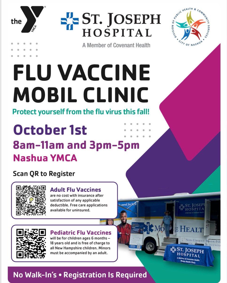 Get your flu vaccine at the YMCA of Greater Nashua next Tuesday, Oct. 1st!  The St. Joe's Mobile Health Clinic will be onsite from 8am - 11am and 3pm - 5pm offering flu shots to any member of our community to help keep you safe and healthy this Fall!