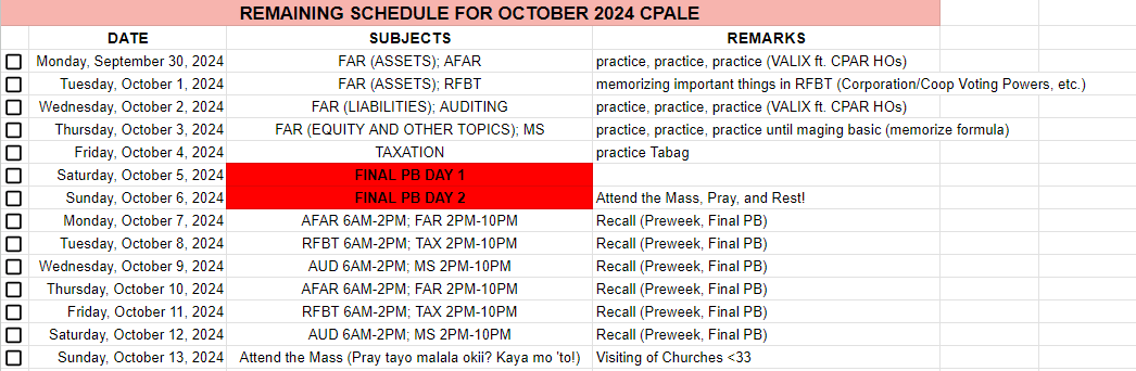 lvsmauxcpa's tweet photo. helloo, future CPAs! sharing this sched that might help you for the remaining days in preparation for the upcoming October CPALE 2024. i'd like to acknowledge reo and atty. laco 'coz inimplement ko rin dito yung proposed sched nya. happy aral <33 

https://t.co/FQZjp6Gzrz https://t.co/OasjnVm6hV