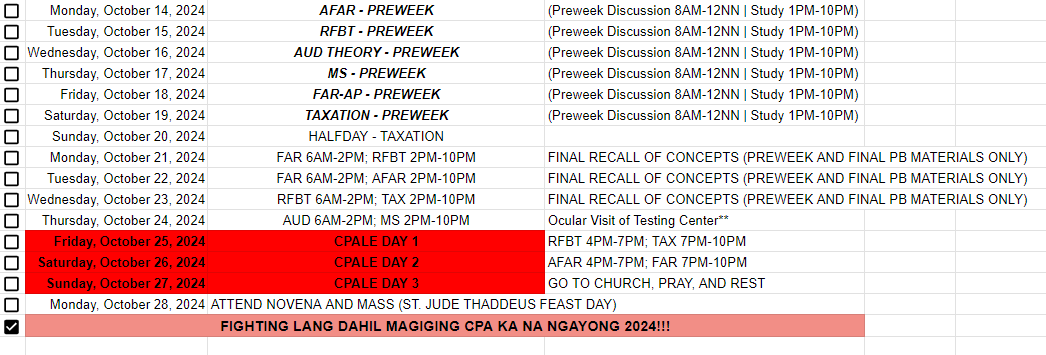 lvsmauxcpa's tweet photo. helloo, future CPAs! sharing this sched that might help you for the remaining days in preparation for the upcoming October CPALE 2024. i'd like to acknowledge reo and atty. laco 'coz inimplement ko rin dito yung proposed sched nya. happy aral <33 

https://t.co/FQZjp6Gzrz https://t.co/OasjnVm6hV