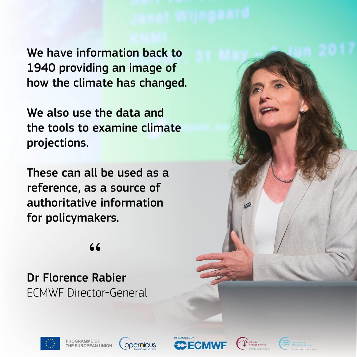 CopernicusECMWF's tweet photo. Earlier this week, @ECMWF' Director General, @FlorenceRabier participated in a special #ClimateNow live debate and discussed how climate data are shaping European policies. 

Read more about the value of CAMS and #C3S data for climate policy here 👉https://t.co/dfCsHrM3HR https://t.co/mOVLQXOoU2