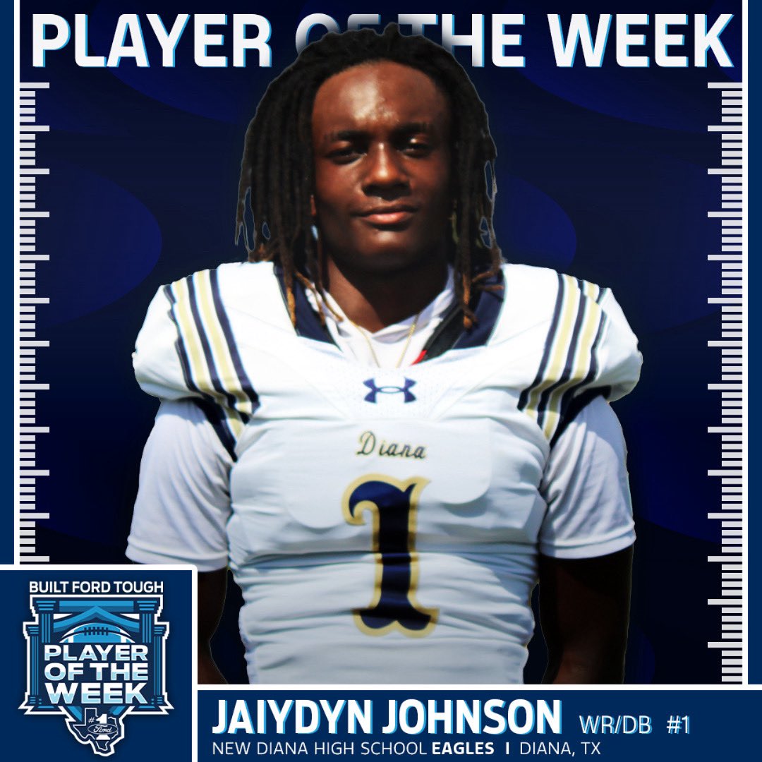 🏈 <a href="/JohnsonJaiydyn/">Jaiydyn Johnson</a> shined in a 65-14 win over Redwater with 211 all-purpose yards, 3 TDs, a tackle, and 2 pass breakups. His all-around play earned him the Class 3A Built Ford Tough Player of the Week.

#GreaterTXFord #BFTPOW #TXHSFB