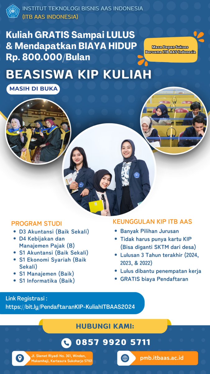 CanCandra8's tweet photo. URGENT
Masih dibuka Pendaftaran Beasiswa KIP Kuliah di ITB AAS Indonesia di Surakarta. 
Bagi temen-temen yang membutuhkan silahkan daftar ke link 
https://t.co/khz3YMcHp1

Segera mendaftar, kuota masih tersedia. 
Mohon bantuan Share ke yang membutuhkan. 
#KIPKuliah #InfoBeasiswa https://t.co/aHQEwXmKAW