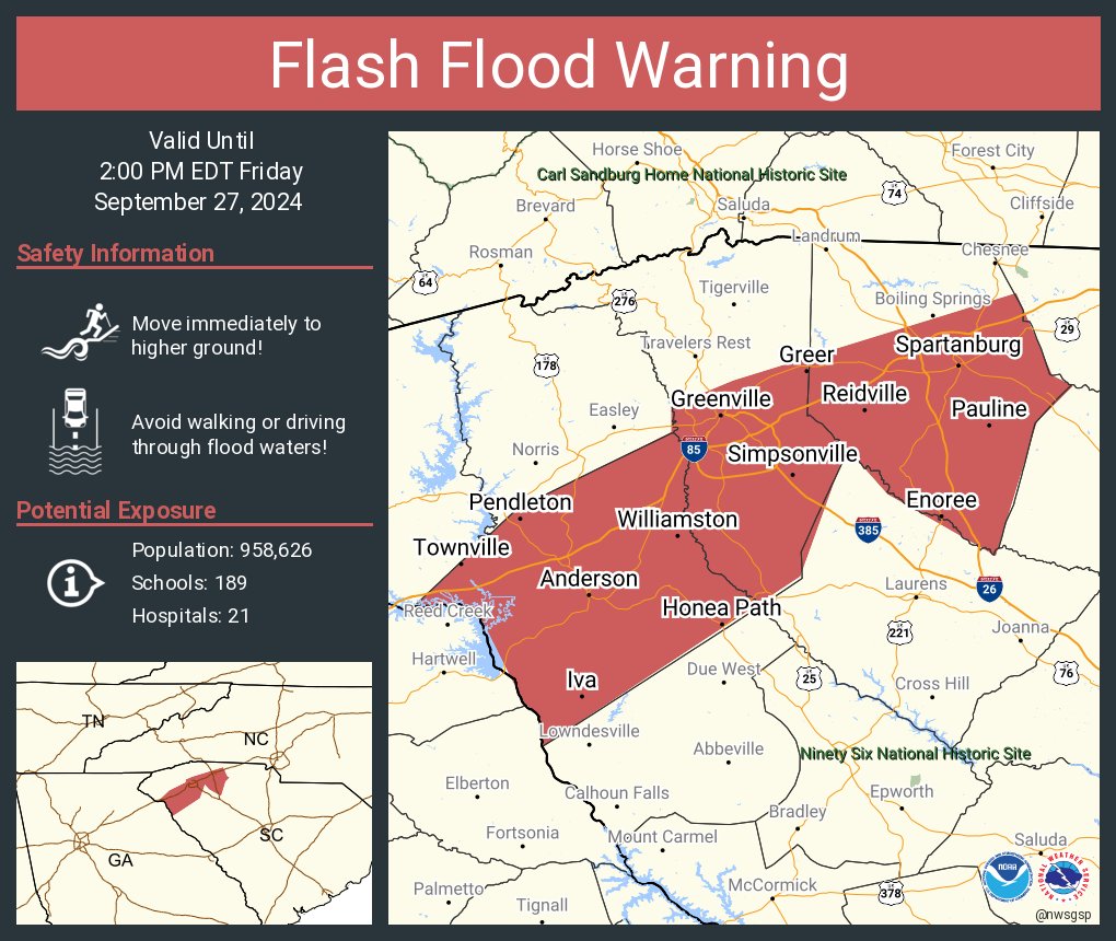 Flash Flood Warning continues for Greenville SC, Spartanburg SC and  Anderson SC until 2:00 PM EDT