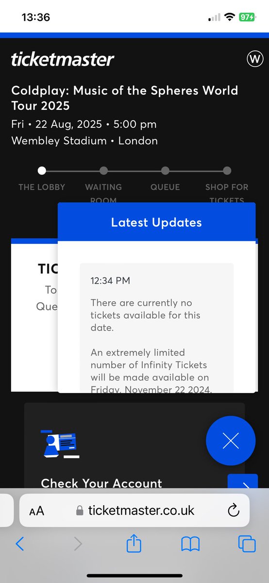 HardwickWendy's tweet photo. Now showing as no tickets available for @coldplay on @TicketmasterUK what a waste of time!! https://t.co/tCetB05xn7