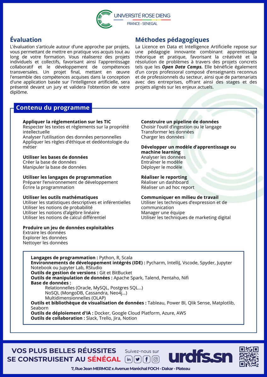 UniversiteRDFS's tweet photo. 🚀 Nouvelles Formations 2024/2025 : Licence en Data &amp; Intelligence Artificielle ! 🧠💻

📅 Début des cours : décembre 2024

👉 Date limite de candidature : 15 novembre 2024

🌐 Pour en savoir plus : https://t.co/ekAfSJo0yU
📞 + (221) 76 620 03 22 / + (221) 33 920 20 40  

#URDFS https://t.co/zkZI5DR4mF