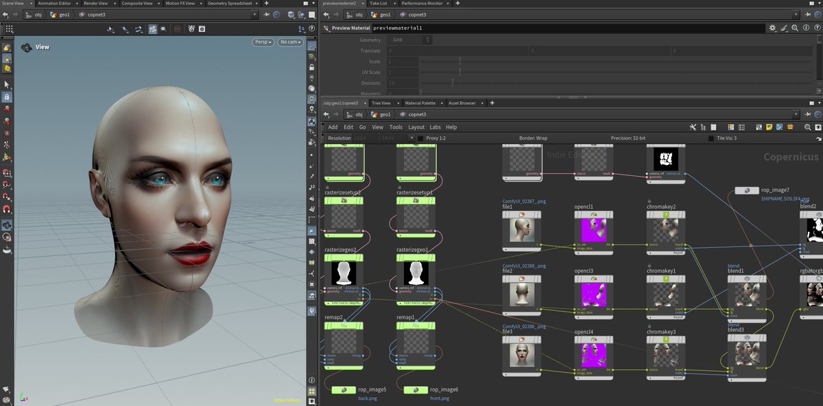 boukansyax's tweet image. AIによるテクスチャ自動生成ワークフロー作った！！（あと一歩感）
3Dモデル→Depth画像→AIイラスト→モデルに投影という流れ
#Houdini #Copernicus #OpenCL